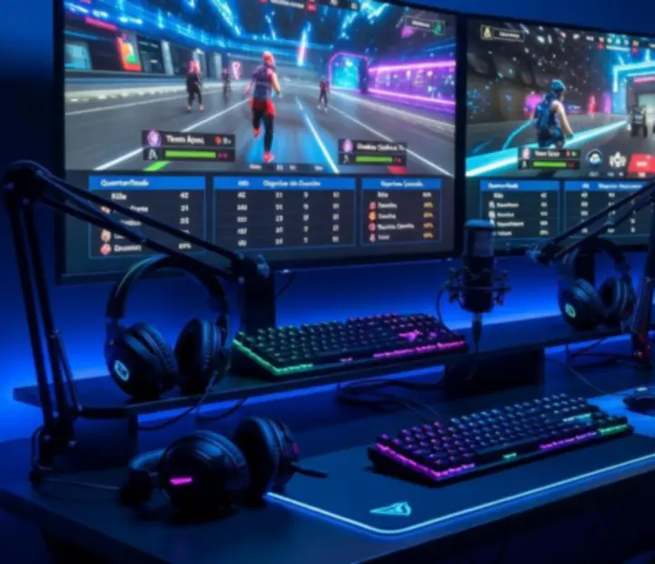 Scena e-sportowa z zawodnikami przy stanowiskach gamingowych w futurystycznej oprawie