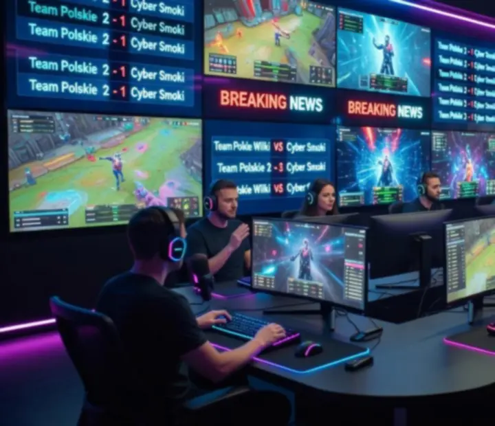 Cinematiczny newsroom esportowy NAXSOL ENTERPRISES LTD z ekranami pokazującymi mecze i statystyki