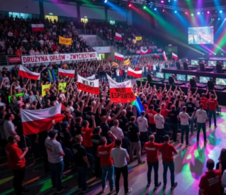 Publiczność na dużym wydarzeniu esportowym w Polsce z intensywnym oświetleniem sceny