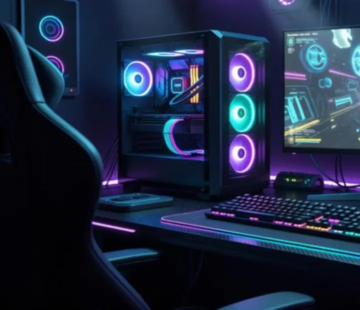 Futurystyczny setup gamingowy z klawiaturą mechaniczną, myszką i monitorami w neonowym oświetleniu