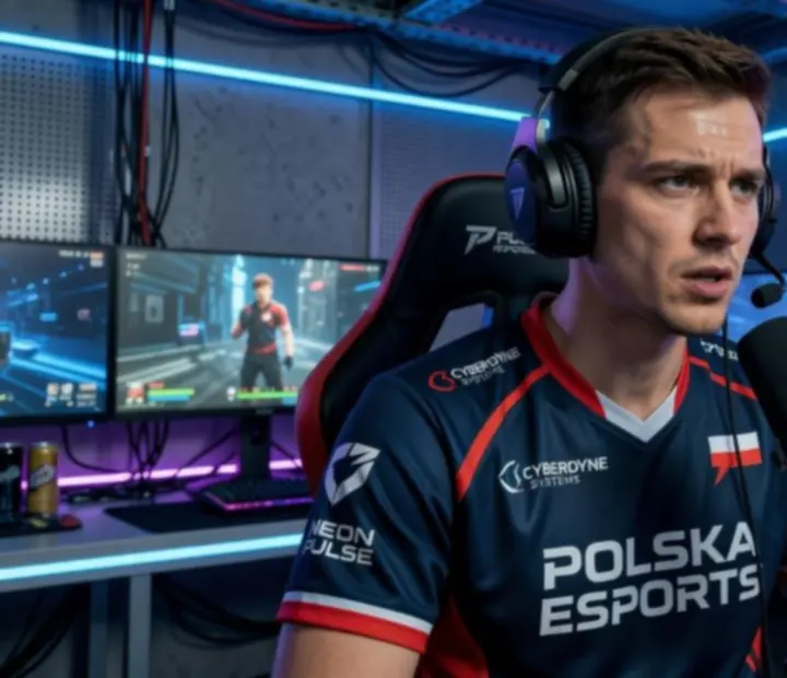 Profesjonalny gracz esportowy podczas wywiadu w futurystycznym studiu