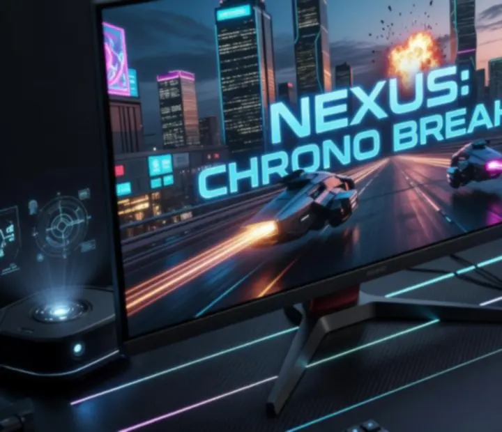 Cinematiczne ujęcia zwiastunów nadchodzących gier PC w futurystycznym interfejsie