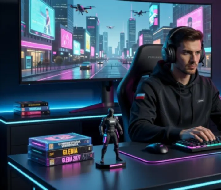 Neonowy, cyberpunkowy setup gamingowy z futurystycznym oświetleniem i artystycznymi wizualizacjami