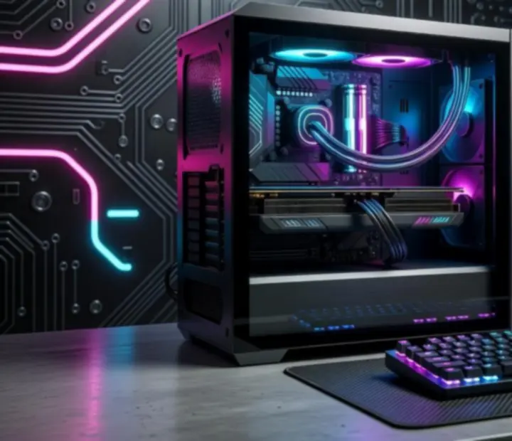 Nowoczesne stanowisko gracza PC z podświetlanym sprzętem i kartą graficzną high-end