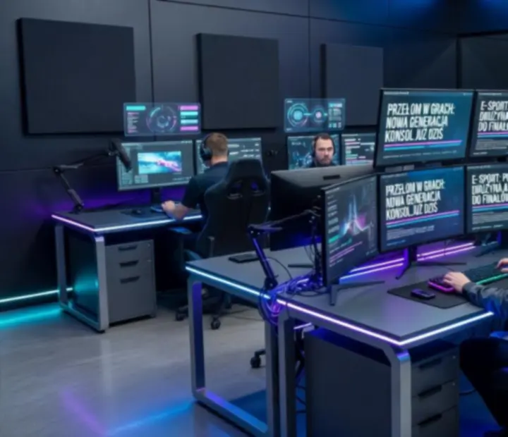 Kinowy futurystyczny newsroom PC gamingowy z ultrawide monitorami, interfejsami newsowymi i RGB oświetleniem
