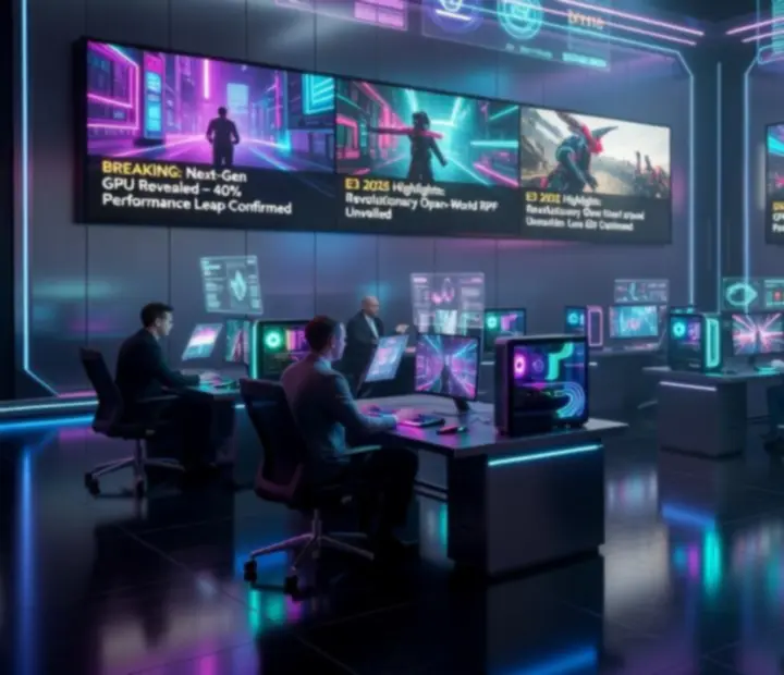Cinematiczna redakcja newsowa PC z monitorami wyświetlającymi najnowsze ogłoszenia gier
