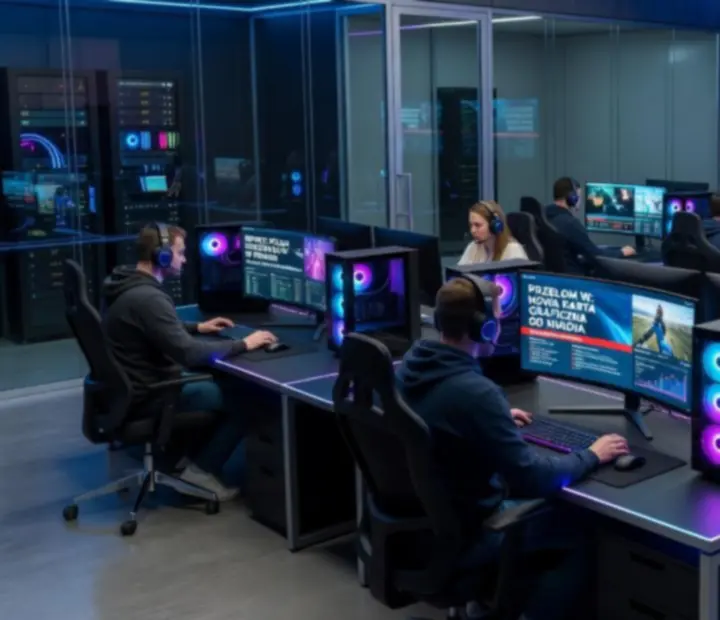 Futurystyczna redakcja newsowa z monitorami prezentującymi na żywo informacje ze świata gier PC