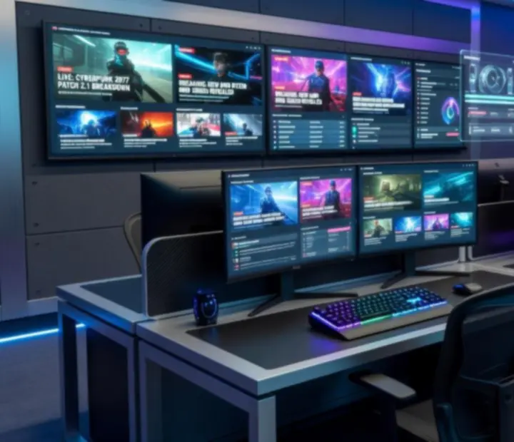 Futurystyczna redakcja newsowa PC gamingu z wieloma monitorami i interfejsami, przedstawiająca szybki przepływ informacji