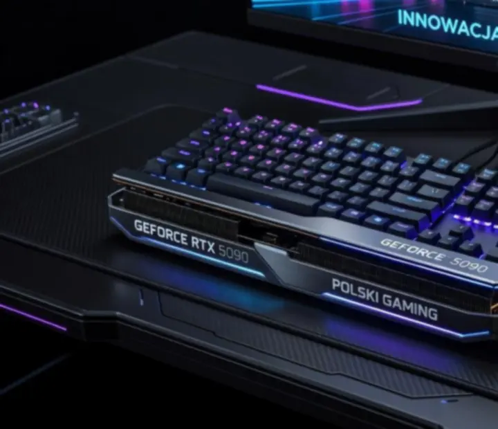 Futurystyczne stanowisko PC z neonowym podświetleniem, nowoczesną obudową, gamingową klawiaturą i ultrawide monitorem