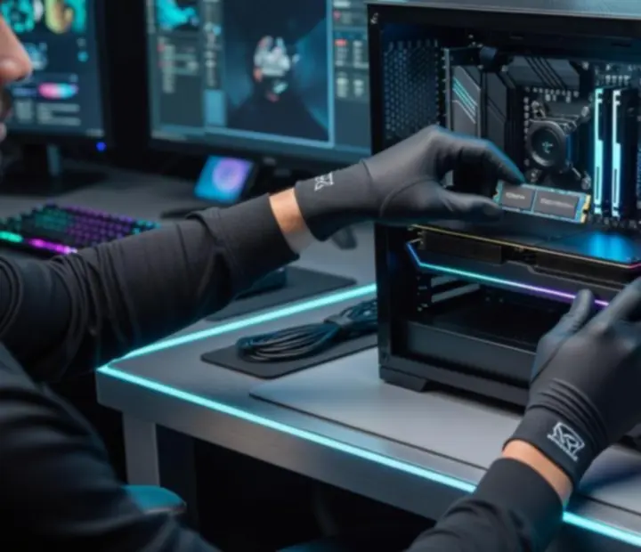 Gracz modernizujący komputer PC, instalujący nowe podzespoły w obudowie gamingowej