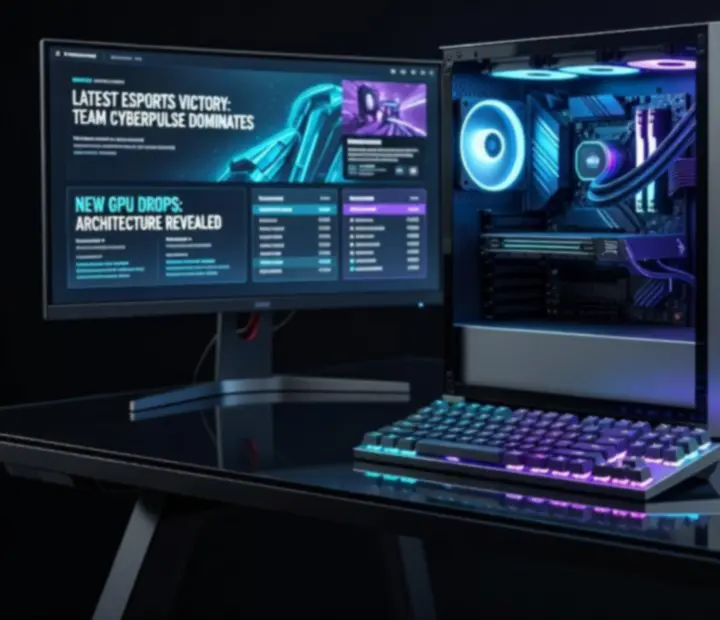 Ciemne, futurystyczne stanowisko gamingowe z monitorami ultrawide, podświetlanym PC i klawiaturą mechaniczną