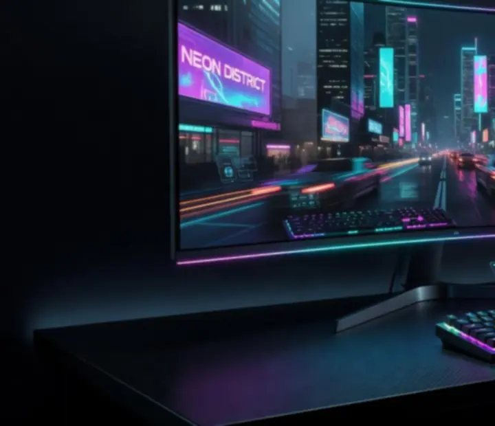 Ultrapanoramiczny monitor gamingowy z neonową cyberpunkową scenerią